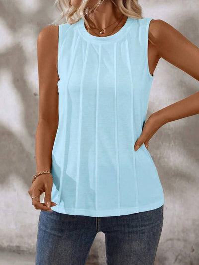 Liridona® | Solid Color Round-Neck Pleated Casual Tank Top