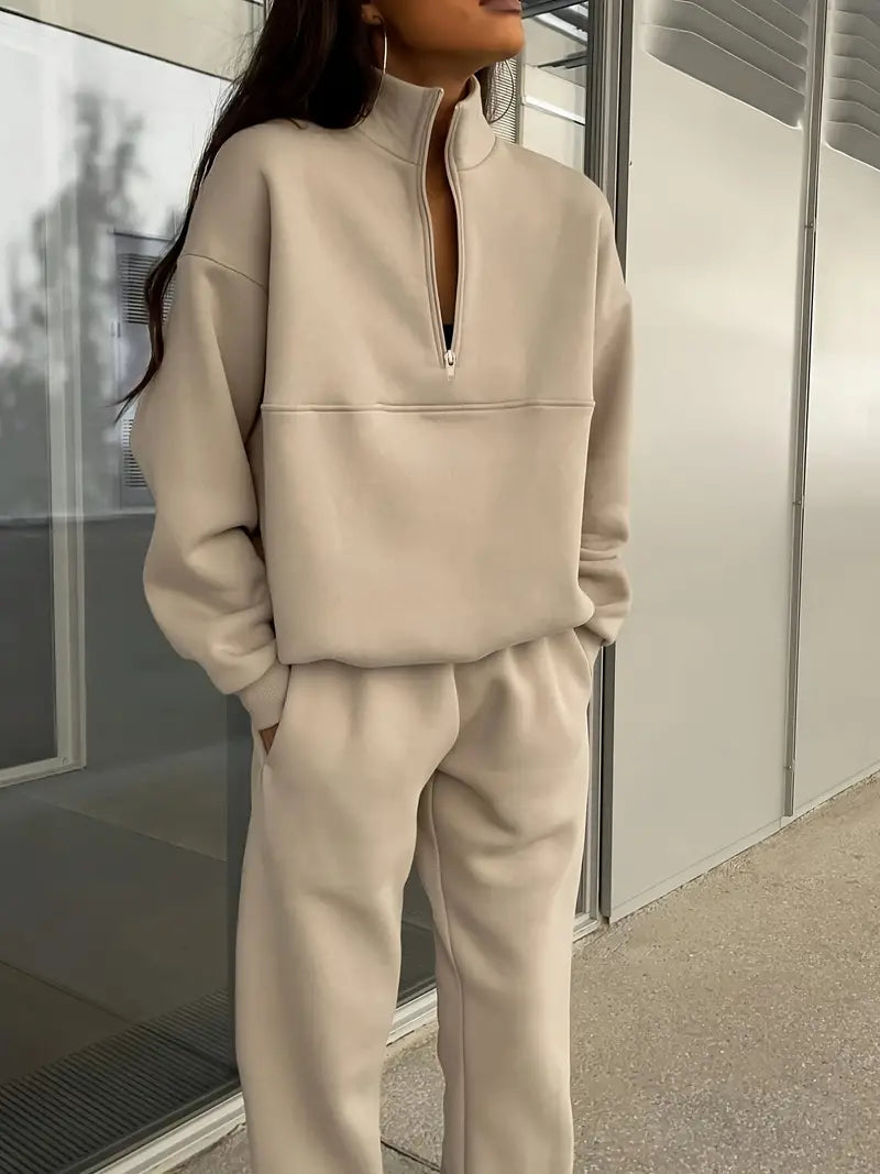 Vera® | Lapel Solid Color Zipped Casual Matching Set