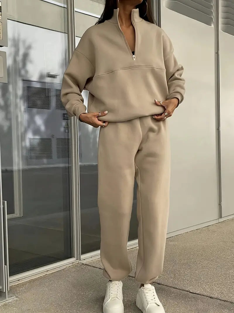 Vera® | Lapel Solid Color Zipped Casual Matching Set
