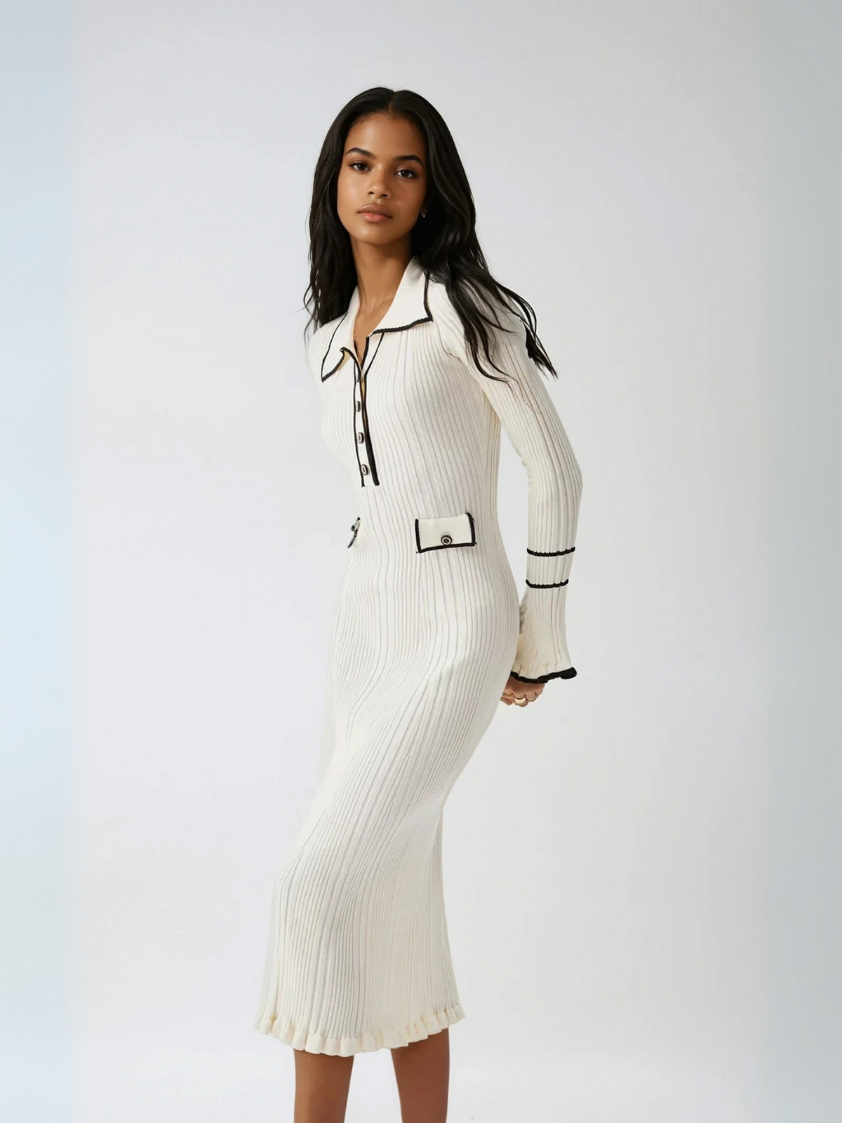 Cristina® | Oldmoney Style Contrast Ruffled Trim Midi Dress