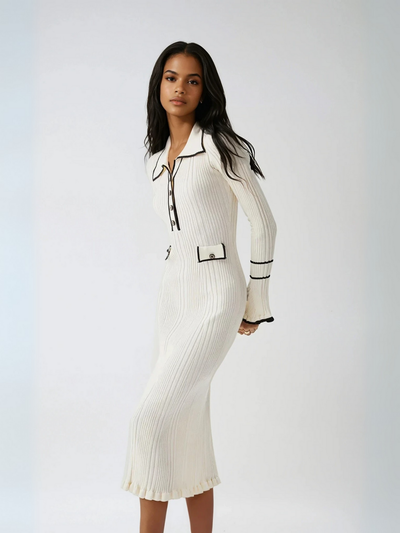 Cristina® | Oldmoney Style Contrast Ruffled Trim Midi Dress
